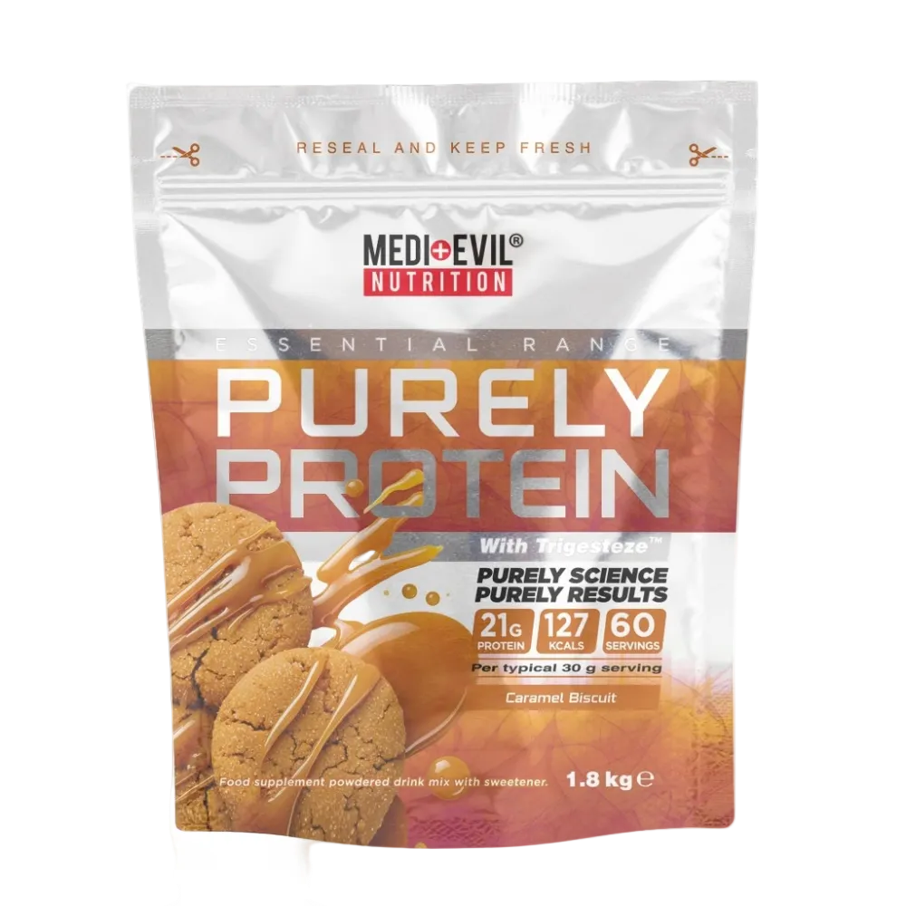 Medievil Nutrition Purely Protein package with caramel biscuit flavor on a white background