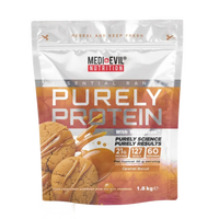 Medievil Nutrition Purely Protein package with caramel biscuit flavor on a white background