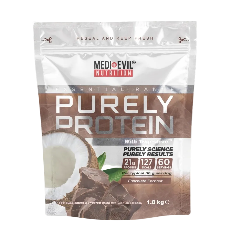 Medievil Nutrition Purely Protein package with coconut and chocolate elements on a white background