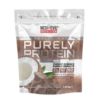 Medievil Nutrition Purely Protein package with coconut and chocolate elements on a white background