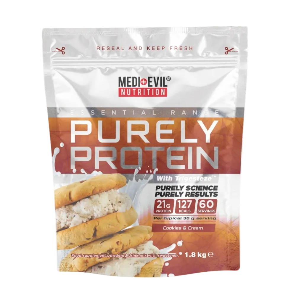 Medievil Nutrition Purely Protein package with cookies and cream flavor on a white background