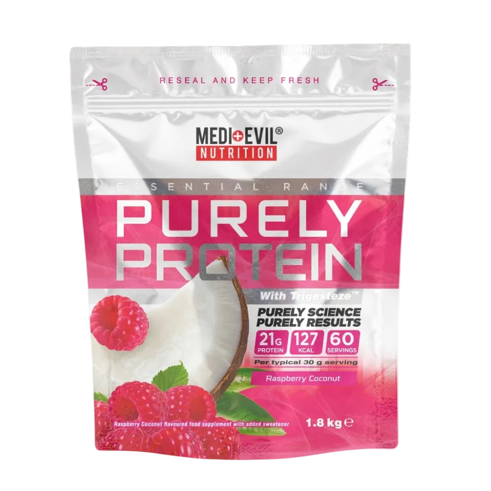 MediEvil Nutrition Purely Protein package with raspberry and coconut imagery on a white background