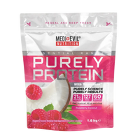 MediEvil Nutrition Purely Protein package with raspberry and coconut imagery on a white background