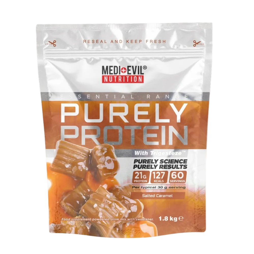 Medievil Nutrition Purely Protein package with caramel flavor on a white background
