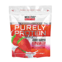 Purely Protein package with strawberries on a white background