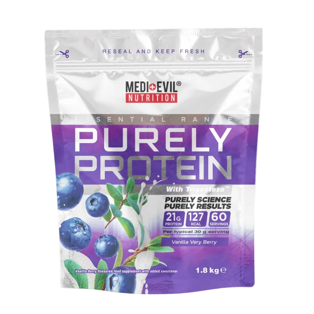 MediEvil Nutrition Purely Protein package with blueberries on a white background