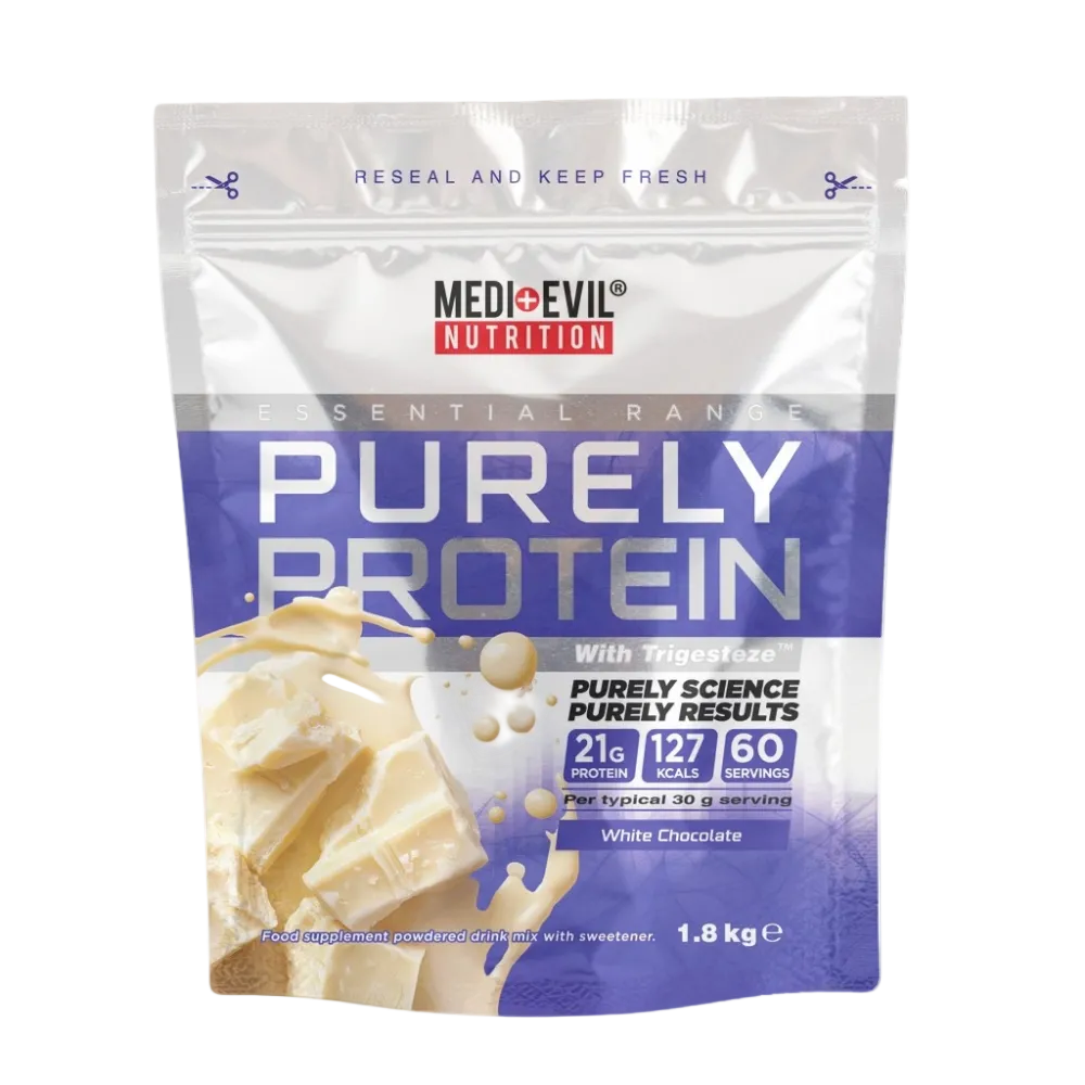 Medievil Nutrition Purely Protein package with white chocolate flavor on a white background