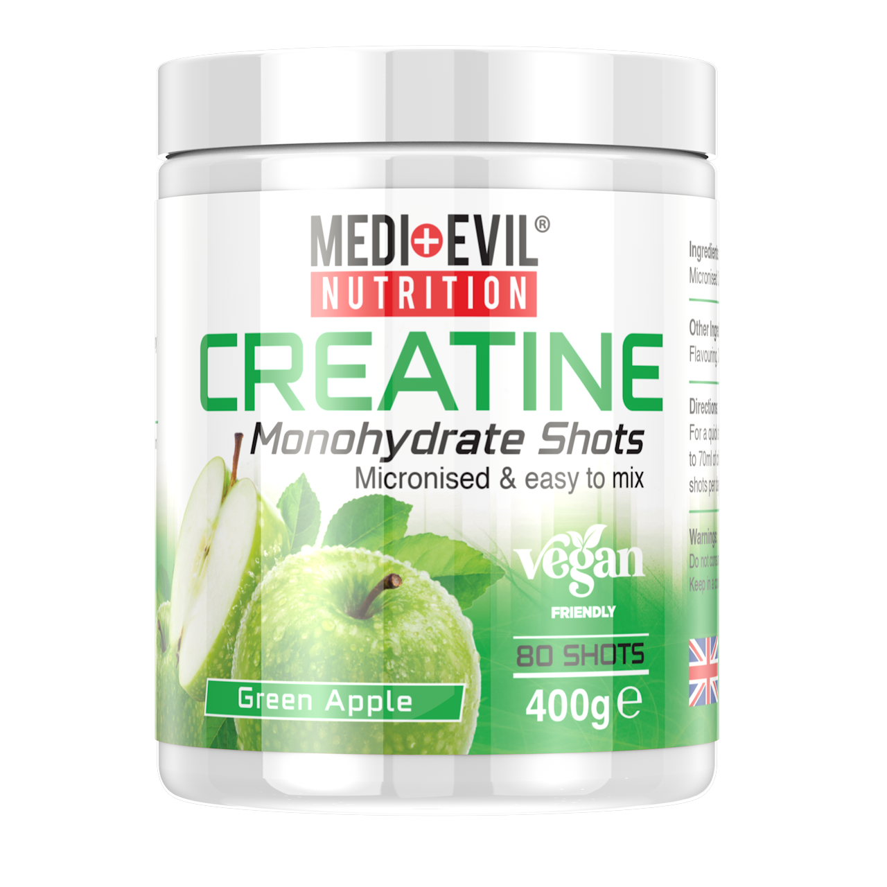Medi Evil Nutrition Micronised Creatine Monohydrate Powder 400g Green Apple 80 shots 