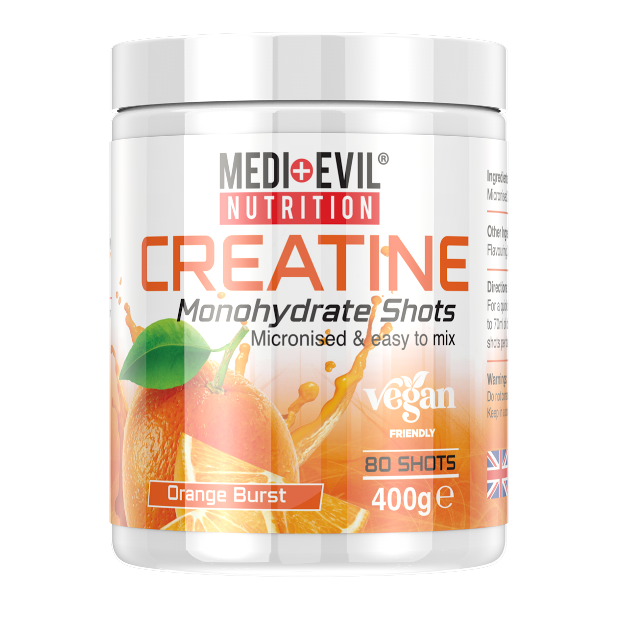 Medi Evil Nutrition Micronised Creatine Monohydrate Powder 400g Orange Burst 80 shots 