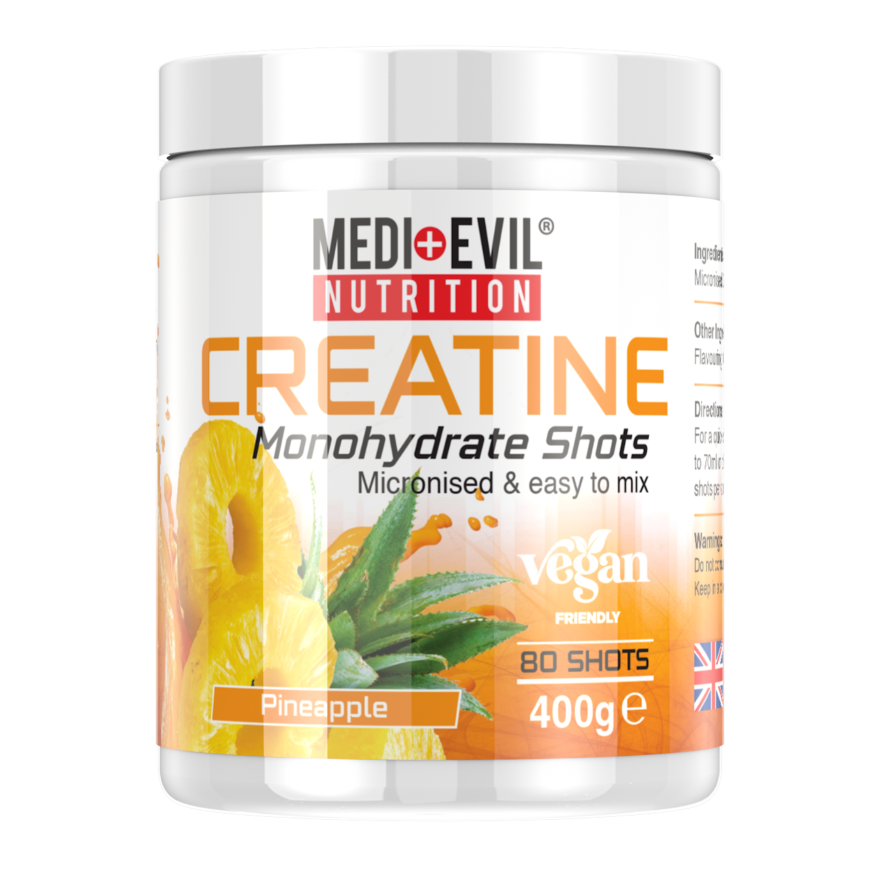 Medi Evil Nutrition Micronised Creatine Monohydrate Powder 400g Pineapple 80 shots 